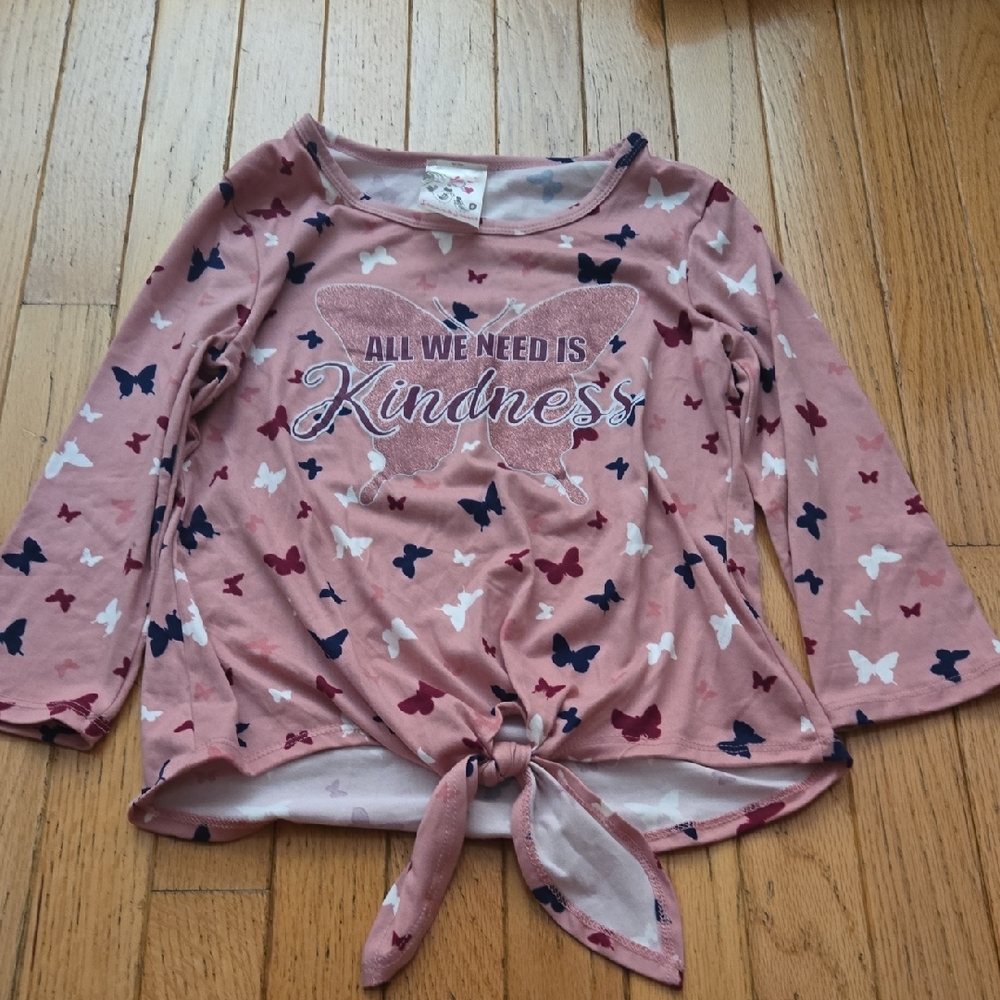Girls Pink Butterfly Tie-Front Top - "All We Need Is Kindness" Size 10 New